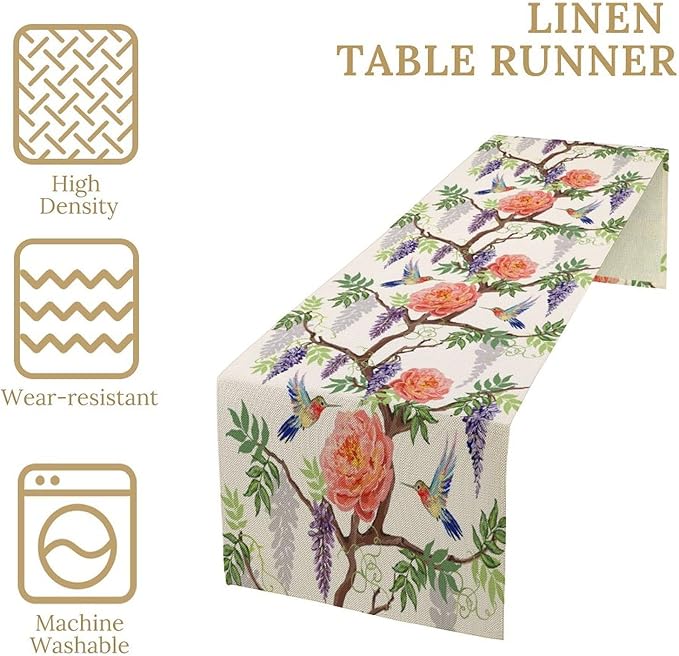 Vintage Bird Flower Table Runner Seasonal Spring Purple Wisteria Garden Plants Lavender Pink Florals Farmhouse Country Kitchen Dinner Runner Dining Table Decoration for Home Party Holiday 13"x120"