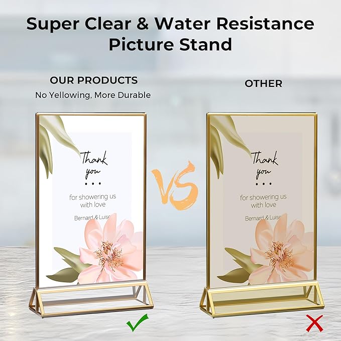 8 Pack Acrylic Sign Holder 4x6 Gold Frames, Wedding Table Number Holders Double Sided Vertical Clear Display Stand, Picture Holders for Tables, Menus, Flyers, Party and Office Decor