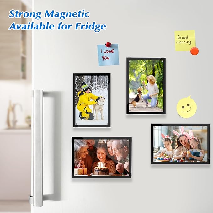 2 Pack Acrylic Magnetic Picture Frame 5x7, Clear Frame for Horizontal Vertical Tabletop Display, Black Photo Frame Magnets for Fridge