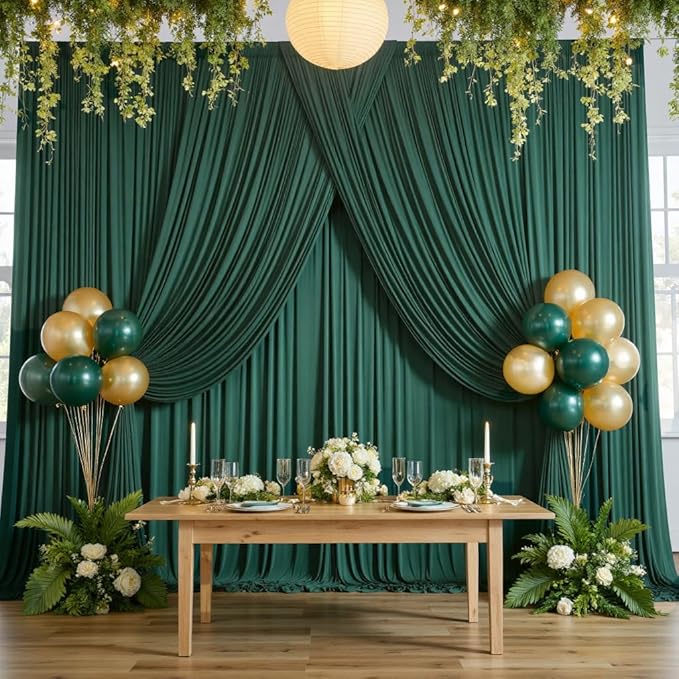 50ftx10ft Wrinkle Free Hunter Green Backdrop Curtains for Party Background, 10 Panels Silky Fabric Green Photo Backdrop Drapes Back Drop Cloth for Wedding Birthday Photography Baby Shower Decor
