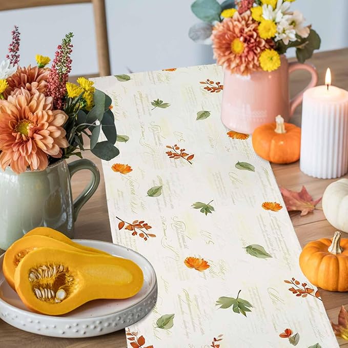 Fall Wildflowers Cotton Linen Table Runner for Dining Kitchen, Thanksgiving Pumpkin Outdoor Party Rustic Tablerunners Decoration, Botanical Floral Vintage Dresser Scarf Tablecloth Runners 13x72 Inches