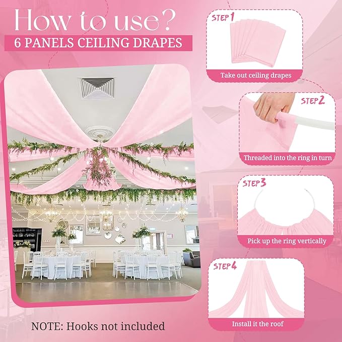 6 Panels Pink Ceiling Drapes for Wedding, 5ftx20ft Ceiling Drapes Cheesecloth Sheer Fabric Curtain Wedding Arch Draping Fabric Romantic Ceilings Decorations for Weddings Party Ceremony Stage