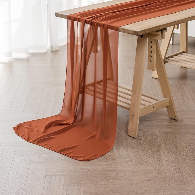 6Pack 9ft Chiffon Table Runner 14x108 Inch Sheer Romantic Table Runner for Wedding Birthday Party Bridal Shower Outdoor Decoration-Rust