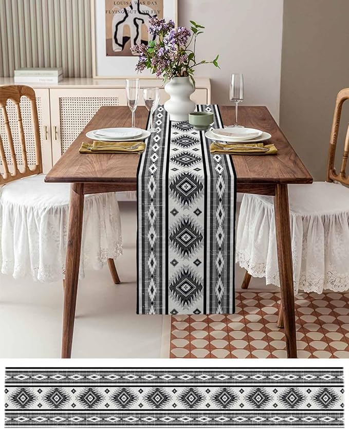 Aztec Southwest Cotton Linen Table Runner for Dining Kitchen, Wedding Outdoor Party Tablerunners Decoration, Boho Ethnic Tribes Vintage Grey Dresser Scarf Coffee Tablecloth Runners 13x90 Inches