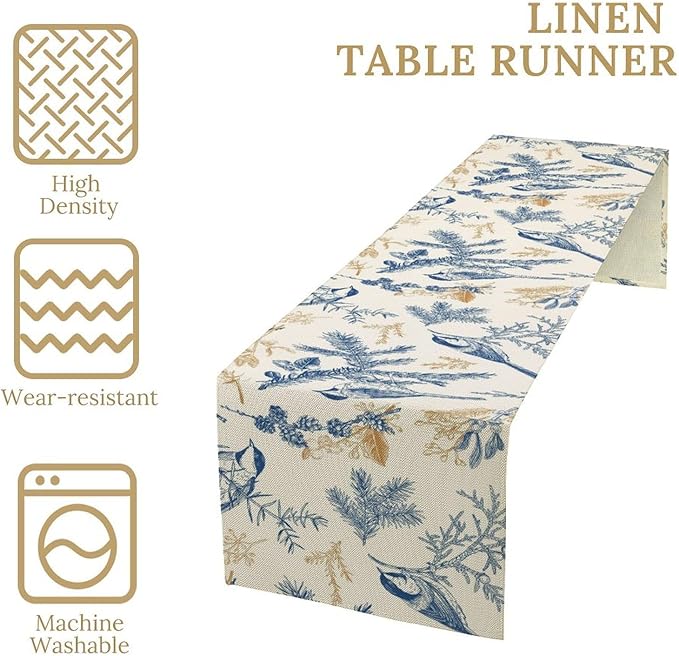 Floral Table Runner,Sketch Birds and Flowers Summer Table Runner Kitchen Dining Table Decoration for Home Party Decor 13x60 Inch