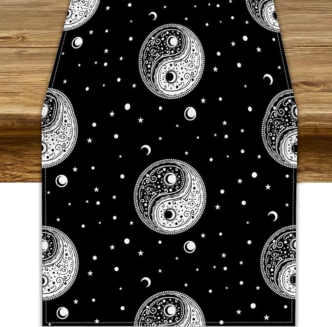 Mystical Celestial Table Runner, Vintage Bohemian Black Yin Yang Symbol Moon Stars Print Table Runner for Office Kitchen Dining Wedding Party Home Coffee Table, 13x120inch