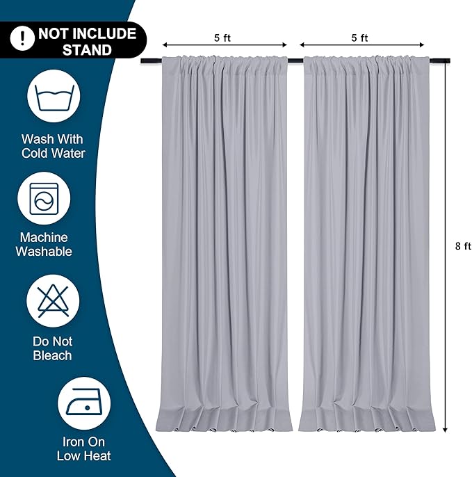 DWCN 10x8 FT Silver Gray Backdrop Curtains for Parties, Photography Backdrop Drapes with Rod Pockets for Wedding Decorations Stage Birthday Family Gatherings, 2 Panels 5ft x 8ft