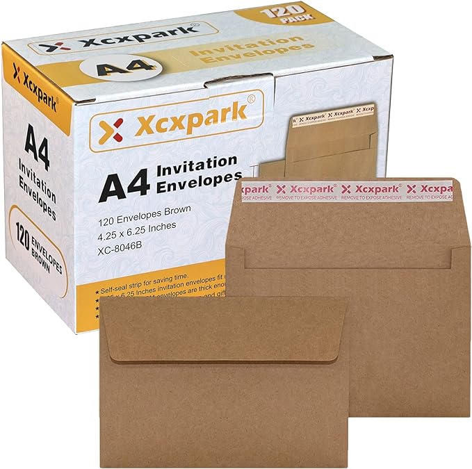 120 Qty Printable A4 Invitation Envelopes 4.25 x 6.25 Cards, Self Seal 120GSM Brown Paper Envelopes for Invitations, Papers, Photos, Documents, Wedding, Baby Shower, Easy to Seal and Peel