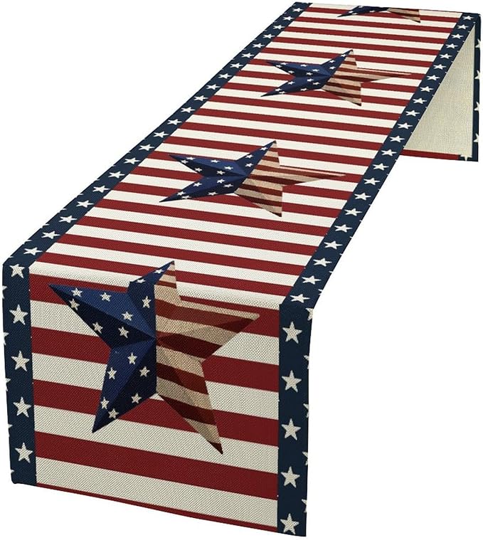 4th of July Table Runner, Patriotic Independence Day American Stars Stripes Flag Print Table Runner for Farmhouse Kitchen Dining Holiday Birthday Party, 13x120inch