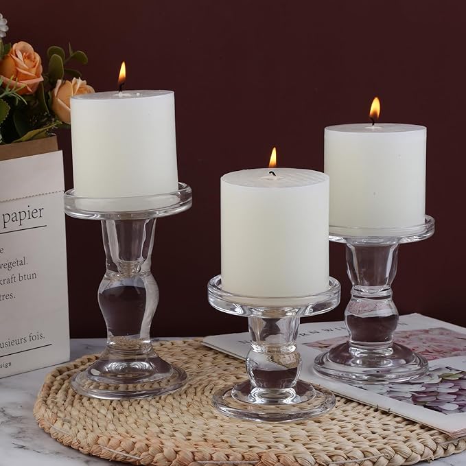 6-Piece Set of Glass Candlestick, Crystal Candlestick Holder Holder and Conical Candle, Christmas Candle Holder Decoration, Family Living Room Wedding Candle Holder (Clear 2sets)