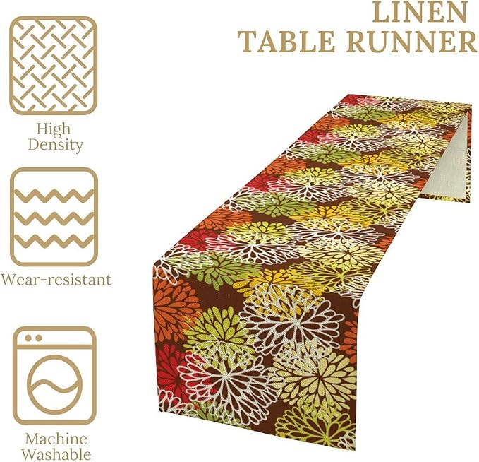 Brown Dahlia Floral Table Runner, Seasonal Autumn Thanksgiving Pattern Print for Home Kitchen Table Decor Dining Coffee Room Party Decor 13x60 Inch