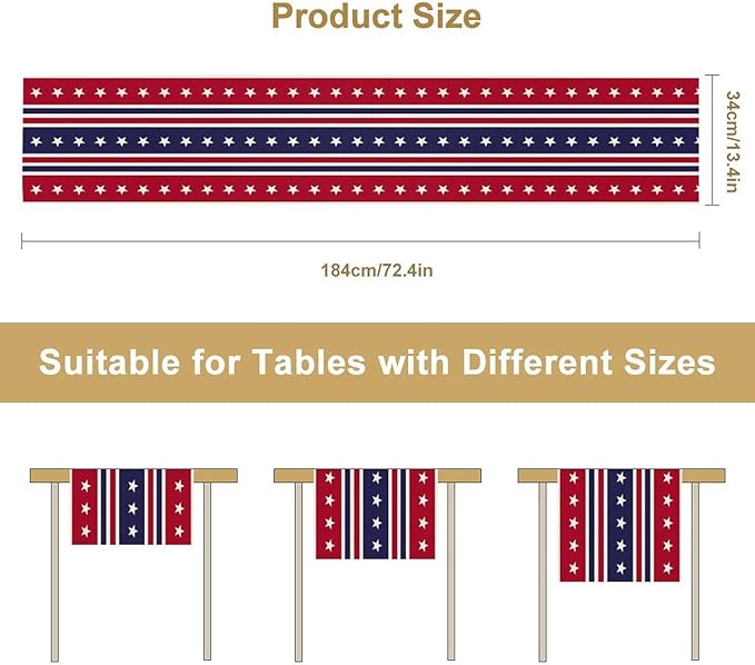 4th of July Table Runner, USA Flag Stars Stripes American Independence Day Red Blue White Stars Lines Print Table Cover for Farmhouse Kitchen Indoor Outdoor Home Party, 13x90inch