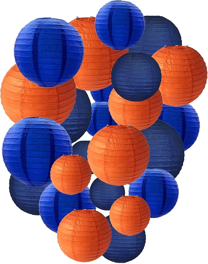Blue Orange Paper Lanterns Decorative, Chinese/Japanese Hanging Round Paper Lanterns Decorations for Wedding, Graduation, University, College, High School, Birthday (12 PCS)