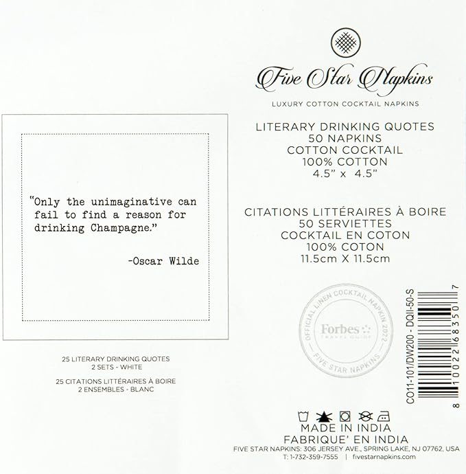 Five Star Napkins Literary Bar Quotes White Cotton Cocktail Napkins, Beverage Napkins, Bar Napkins, Cloth Napkins, Party Napkins, Holidays, Weddings, Birthdays, Disposable, 4.5" x 4.5"- (50x)