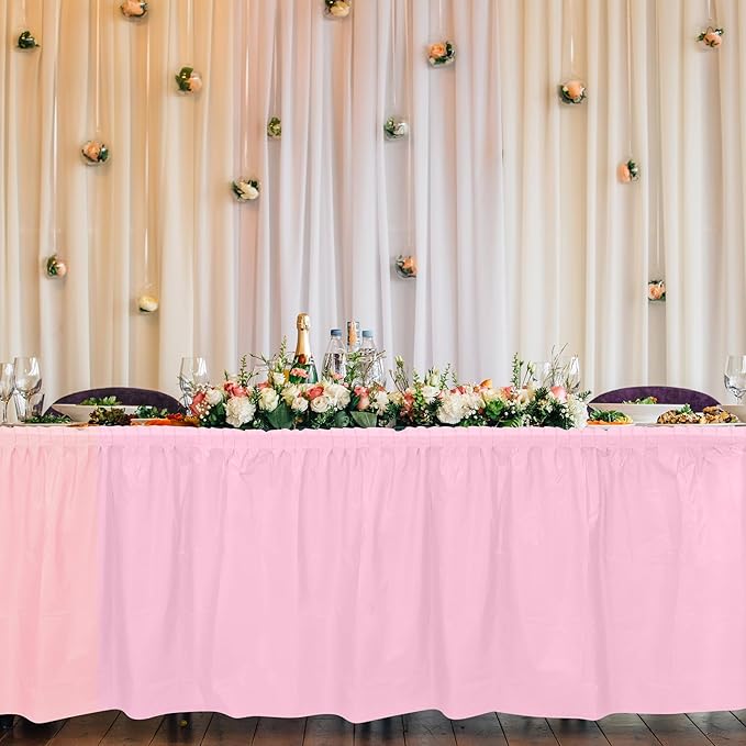 TURSTIN 2 Pieces Pink Plastic Table Skirts 14 x 29 Feet for Rectangle Tables Fitted Tablecloth Disposable Table Cover for Birthday Party, Events, Banquette Baby Shower