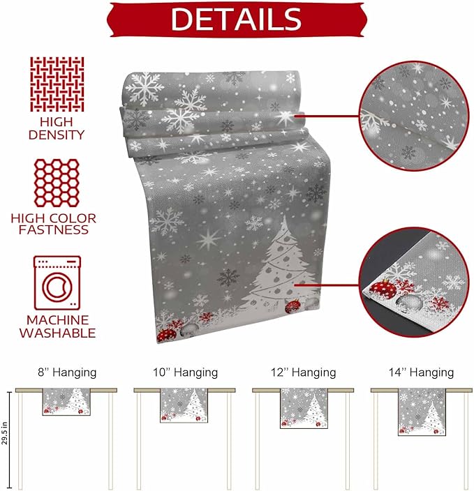 Christmas Snowflakes Cotton Linen Table Runner for Dining Kitchen, Xmas Tree Snow Winter Wedding Outdoor Party Tablerunners Decoration, Grey Balls Dresser Scarf Coffee Tablecloth Runners 13x36 Inches