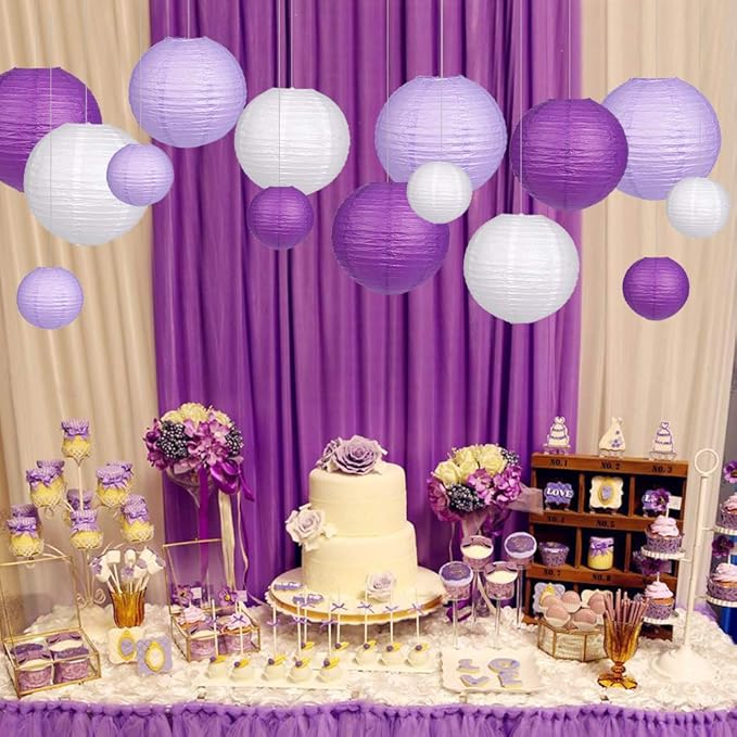 Paper Lanterns Decorative, Round Hanging Paper Lanterns Decorations for Bachelorette Engagement Birthday Party Decorations Purple/Lavender/White 15pcs