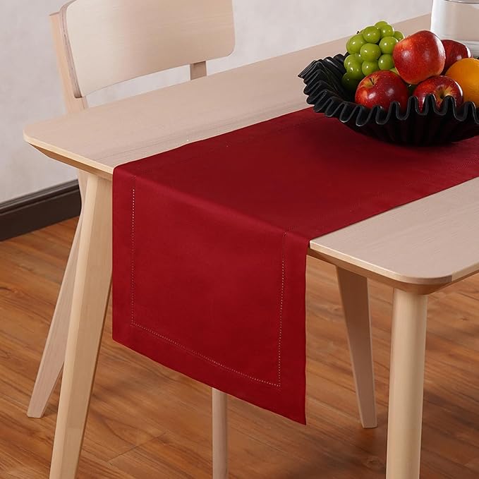 Red Table Runner 36 Inch – Cotton Linen Hemstitch Farmhouse Table Runner 14x36 – Washable Fabric for Dining, Fall, Halloween, Thanksgiving, Spring, Summer, Wedding, Everyday Décor – Serena