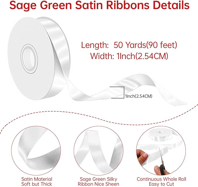 White Satin Ribbon 1 Inch Wide x 50 Yards Polyester, Double Faced Ribbon for Wedding Decorations, Gift Wrapping, DIY Bows, Craft Projects and Party Supplies