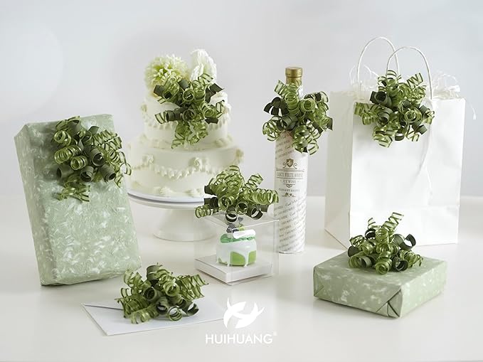 HUIHUANG Green Bows for Gift Wrapping Christmas Gift Bow 5 inch x 8 Counts Moss Green Self-Adhesive Curly Ribbon Bows for Presents, Paper Bag, Party Favors, Wrapping Accessories