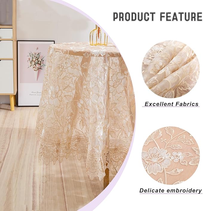 Round Embroidered Lace Tablecloth Vintage Decorative Exquisite Border Table Cover for Party Wedding Home Decorations, Round-35, Beige