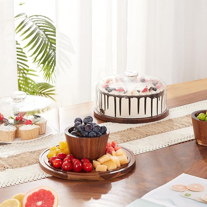 Wooden Cake Stand with Lid, Acacia Cake Stand with Glass Dome, 11-Inch Versatile Dessert Stand with Strong Magnetic Pedestal, Cake Holder for Birthday/Kitchen/Party/Charcuterie