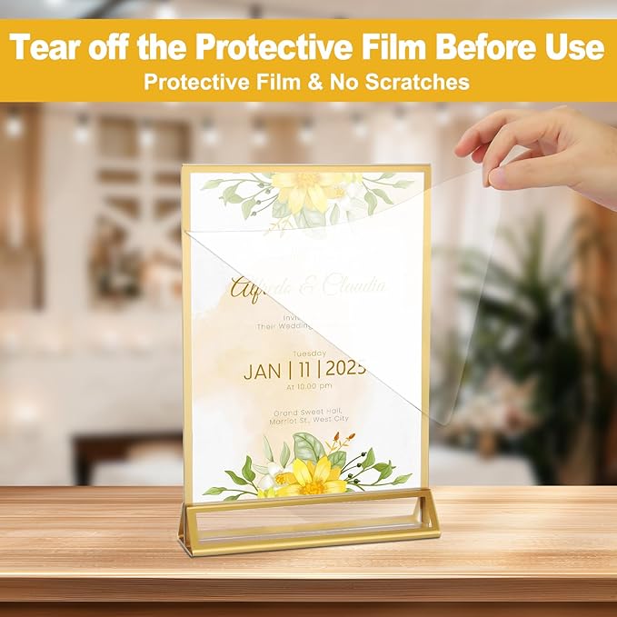 EHWINE 12 Pack Acrylic Sign Holder 8.5 x 11, Double Sided Gold Picture Frame Stand up Table Top Sign Holders, Clear Display Stand Menu Flyer Holder for Wedding Party (Provide Non-slip Mats)