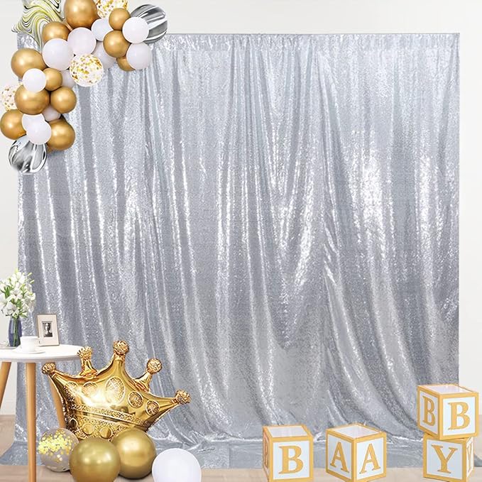 SquarePie Sequin Backdrop Not See Through Thick Background Glitter Curtain Party 7FT x 7FT Silver