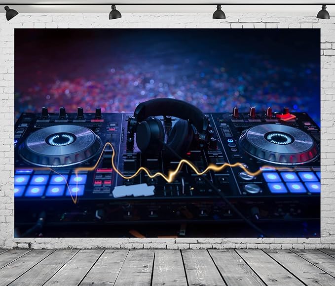 CORFOTO 7x5ft Fabric Dj Mixer with Headphones Backdrop Photography Dj Sound Equipment in Dark Background Musical Dance Disco Party Decorations Live Concert Stage Photoshoot Booth Studio Props