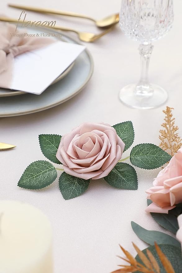 Floroom Artificial Flowers 25pcs Real Looking Shabby Blush Foam Fake Roses with Stems for DIY Wedding Bouquets Bridal Shower Centerpieces Floral Arrangements Party Tables Home Decorations