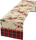 Bird Table Runner,Red Black Buffalo Plaid Blossom Seasonal Table Runner for Kitchen Dining Table Decoration Home Party Decor 13x108 Inch