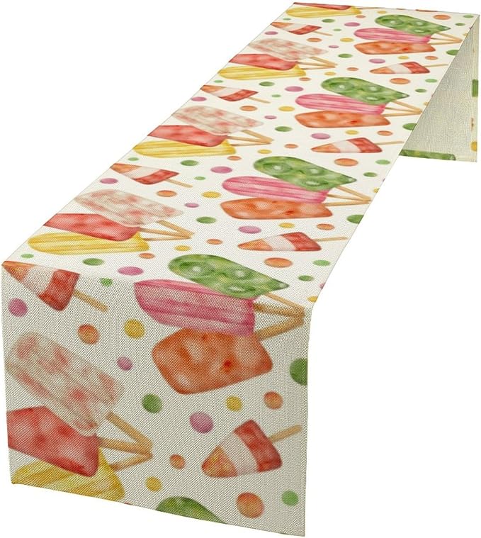 Summer Popsicles Table Runner, Watercolor Colorful Fruit Ice Cream Pops Berry Kiwi Cold Summer Sweet Seasonal Dinner Runner for Party Holiday Home Kitchen Dining Table Decor 13"x70"