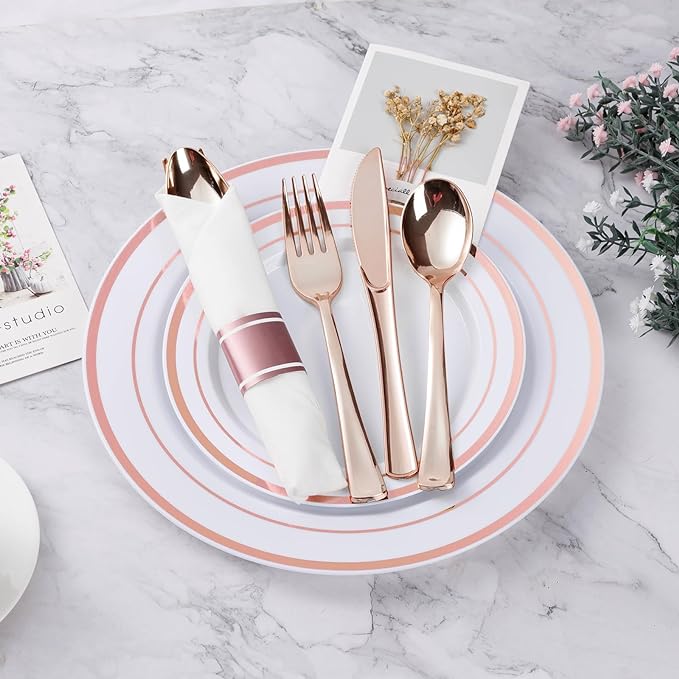 BESTVIP 100 Pack Pre Rolled Rose Gold Plastic Silverware Set, Disposable Wrapped Cutlery Set with 100 Napkins, 100 Knives, 100 Forks and 100 Spoons for Party, Birthday