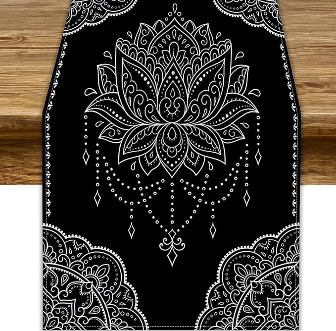 Lotus Flower Table Runner, Bohemian Ethnic Oriental Mandala Black White Floral Print Table Runner for Home Kitchen Dining Indoor Outdoor Dinner Party Decor, 13x60inch