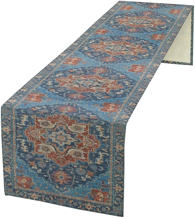 Boho Floral Vintage Table Runner, Retro Abstract Blue Flower Rustic Country Farmhouse Pattern for Home Kitchen Table Decor Dining Coffee Room Party Decor 13x72in