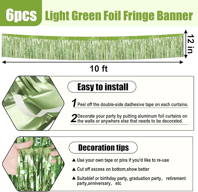 6 Pack 10 Feet Light Green Foil Fringe Garland Metallic Tinsel Streamers Banner Wall Hanging Curtain Backdrop for Parade Floats, Birthday, Graduate, Mother's Day, Wedding Party Decoration