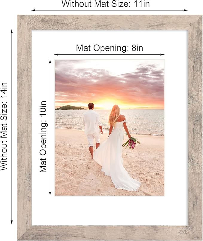 11x14 Picture Frame Set of 2 with Tempered Glass, Smoke Gray Frame Display 8x10 Picture with Mat or 11 x 14 Without Mat, Wooden Photo Frame for Horizontal or Vertical Wall Mount