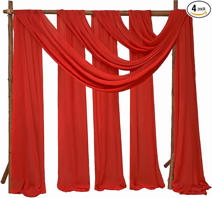 4 Panels Wedding Arch Draping Fabric 28" x 20Ft Chiffon Wedding Arch Drapes Chiffon Fabric Drape Sheer Backdrop Curtain for Weddings Ceremony Birthday Party Event Reception Backdrop Ceiling Décor(Red)
