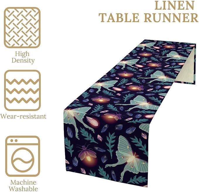 Moth Table Runner, Retro Boho Aesthetic Blue Moth Magic Table Runner for Home Kitchen Dining Party Indoor Outdoor Decoration 13x90 Inch