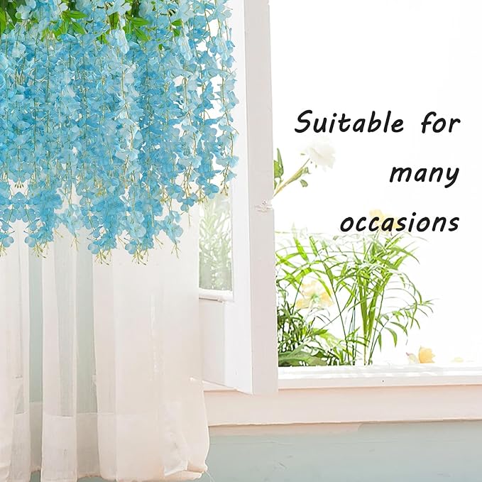 12 Pack Lake Blue Wisteria Hanging Flowers Garland, 3.77 Feet Artificial Flower Vines, Fake Wisteria, Artificial Vines Hanging Garland for Backdrop Outdoor Yard Garden Decor