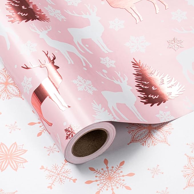 LeZakaa Christmas Pink Wrapping Paper Jumbo Roll, Reindeer & Snowflake, Metallic Foil, Rose Gold Foil Reversible Design for Festive Winter Holiday, Family Gathering, 30 inches x 100 Feet