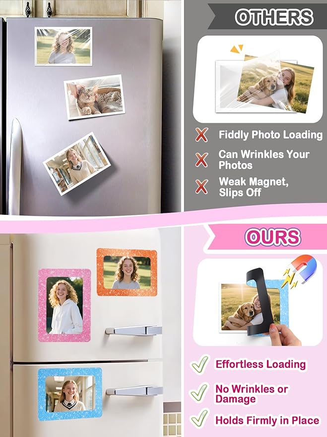 ANPHSIN 12Pcs Magnetic Picture Frame for 4x6in Photo - Cute Magnets Frames Fridge Decor Gifts for Girls Women, Home Refrigerator, Back to School Locker, Classroom Decorations Supplies, Shiny Dots