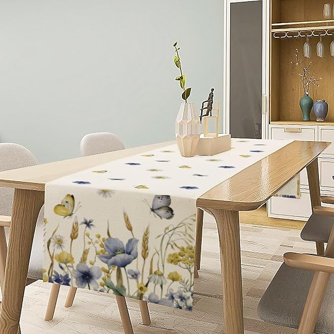 Floral Table Runner, Spring Watercolor Flower Plants Nature Butterfly Table Runner for Kitchen Dinner Living Room Home Party, 13x120 Inch