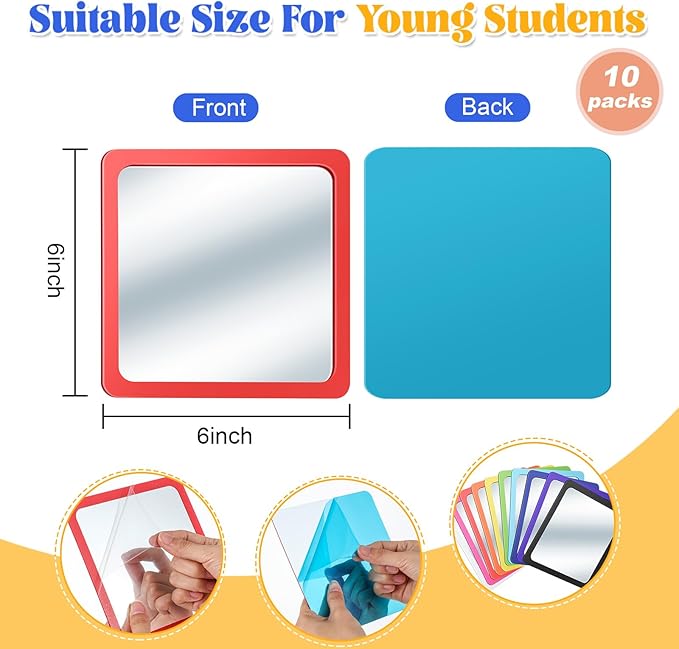Dandat 10 Pcs Small Mirrors for Kids 6 x 6 Inch Square Shatter Proof Reflector Toddler Glass Plastic Reflector for Classroom DIY Craft Preschool Facial Expression (Rainbow Colors)