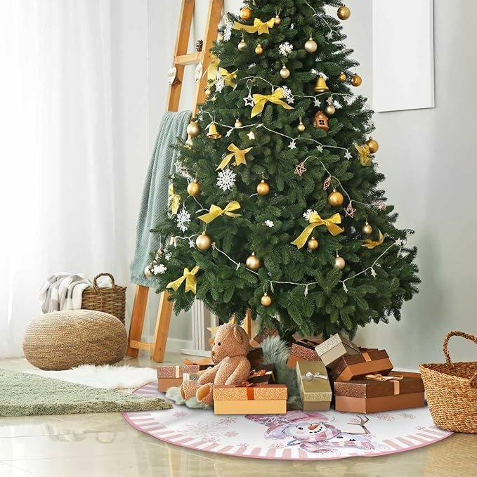 Let It Snow Snowman Christmas Tree Skirt 48 Inches, Pink Snowflake Tree Skirt, Winter Xmas Tree Mat for Home Party Holiday Indoor Outdoor Decorations (Pink, 48in)