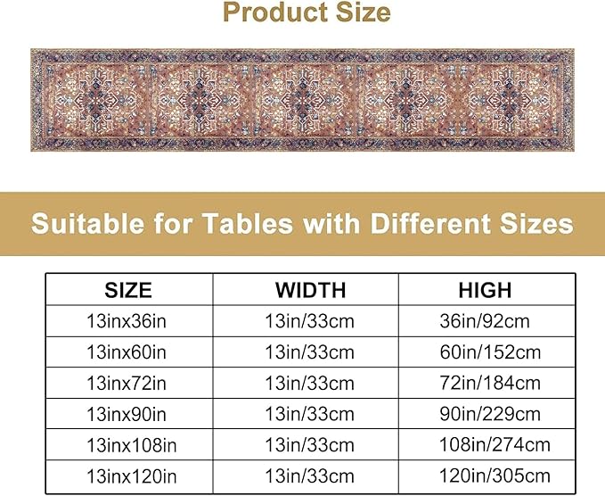 Boho Floral Vintage Table Runner, Purple Brown Retro Flower Rustic Country Farmhouse Abstract Pattern for Home Kitchen Table Decor Dining Coffee Room Party Decor 13x108in