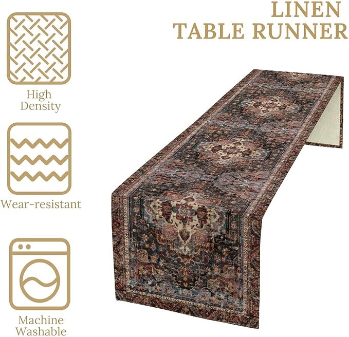 Vintage Boho Floral Table Runner, Rustic Country Farmhouse Black Bohemia Flower Pattern for Home Kitchen Table Decor Dining Coffee Room Party Decor 13x120in