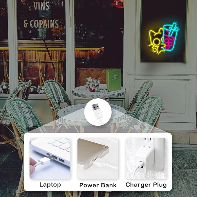 Looklight Cat Boba Tea Neon Sign,Yellow Cute Kitty Bubble Tea Neon Signs for Wall Decor,Dimmable LED Neon Light Bar Sign,USB Light Up Signs for Dimsum Store Bar Milk Tea Shop