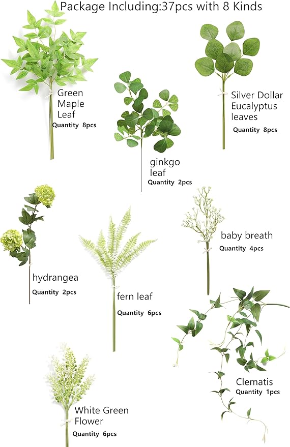 Serra Flora Artificial Greenery Stems Box Set,(Pack of 37pcs) with 8 Kinds of Faux Pink Green Filler for DIY Bridal Bouquets Wedding Floral Arrangement Table Centerpieces