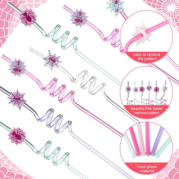 Yungyan 24 Sets Pink Spider Party Favors Goodie Cups with Lids and Straws for Halloween Party Decorations Reusable 16oz Plastic Candy Cups Plastic Straws for Birthday Gift (Pink Spider)